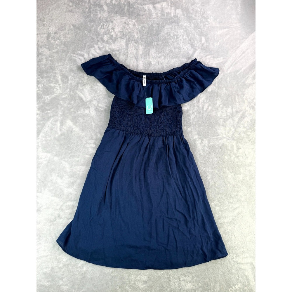 7DAY WKND Off Shoulder Mini Dress Womens Large Navy Blue Stretch Ruffle Smocked